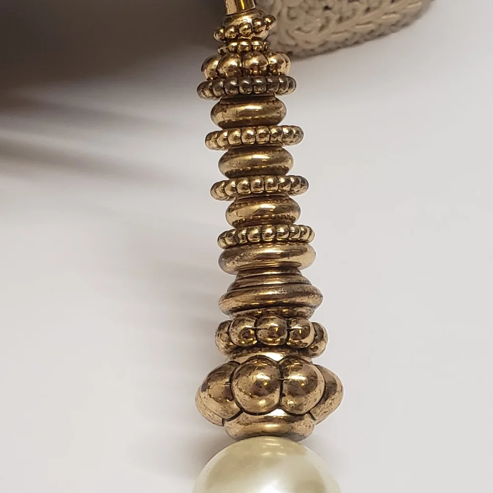 Vintage Gold Tone Metal & Faux Pearl Statement Necklace - Picture 6 of 12